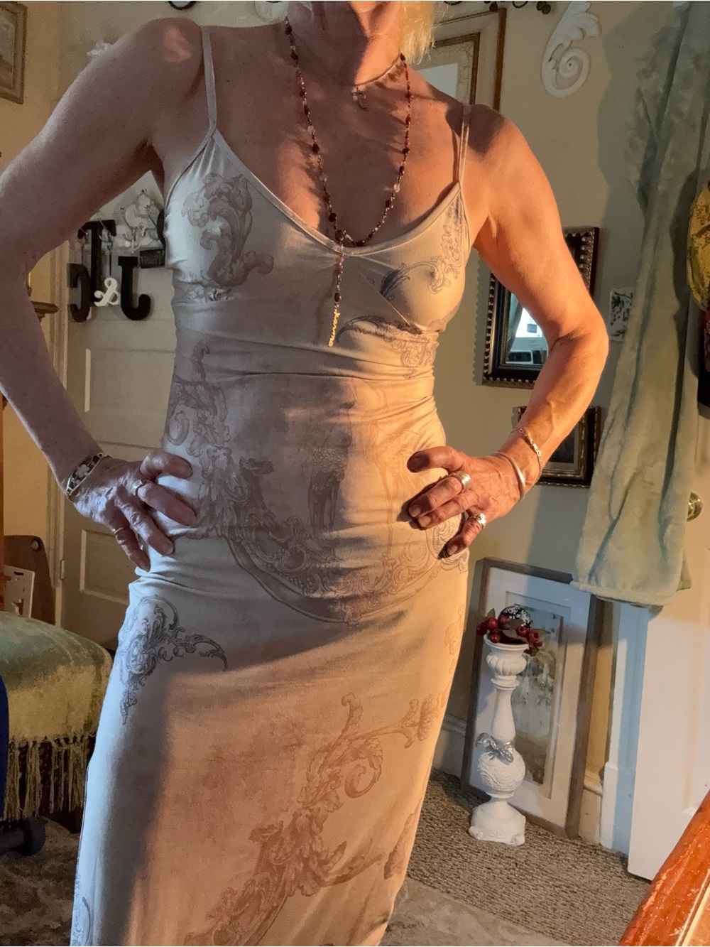 Beige Printed Satin Slip Dress with Delicate Scroll Motif